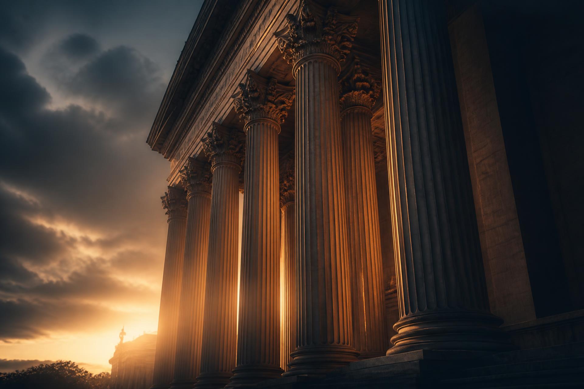 Federal courthouse columns at dusk